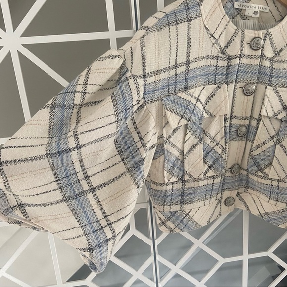VERONICA BEARD Nikolai Plaid Bell-Sleeve Jacket – Size 2, Cream & Blue, EUC - Picture 5 of 12